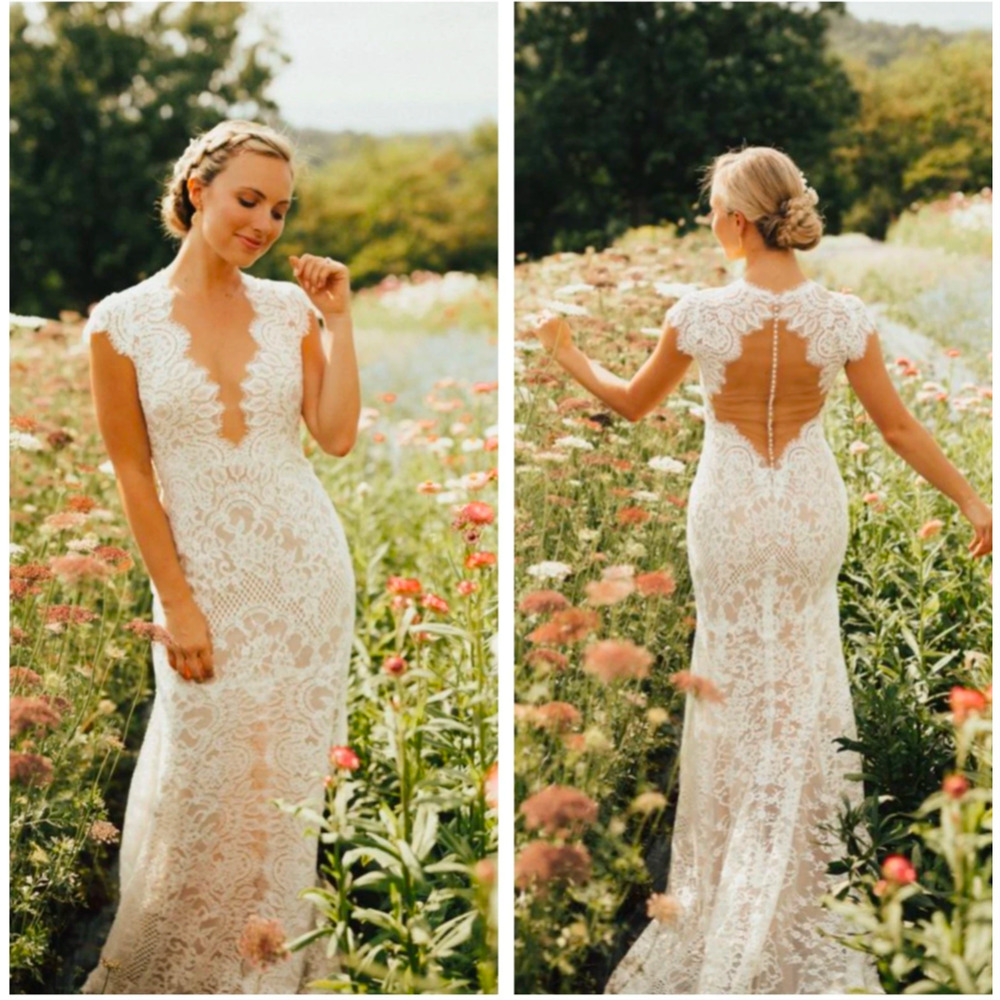 Watters Philomene Wedding Dress Ivory Lace Plunge Bridal Gown Size 14 NWT